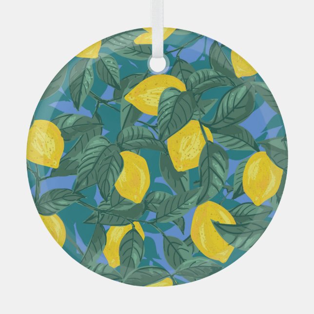 Lemons, leaves: citrus tropical pattern. glass tree decoration (Front)