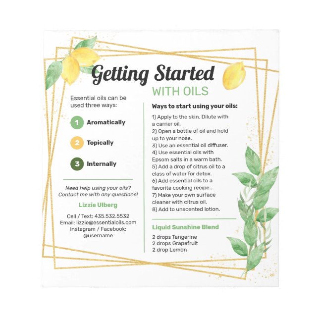 Lemons & Leaves Essential Oils Start Guide Notepad (Front)