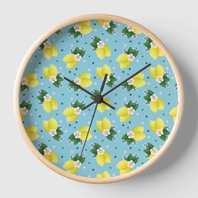 Lemons Leaves White Blossoms Turquoise Background Clock (Front)