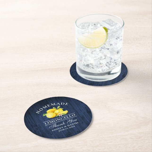 Lemons Limoncello Wedding Blue Faux Wood Round Paper Coaster (Insitu)