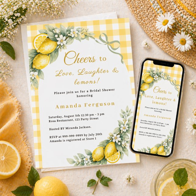 Lemons love laughter bow gingham Bridal Shower Invitation (Creator Uploaded)