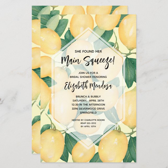 Lemons Main Squeeze Budget Bridal Shower Invites (Front/Back)