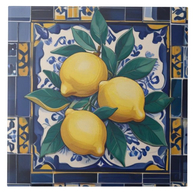 Lemons Mediterranean Dark Blue and Golden Yellow Ceramic Tile (Front)