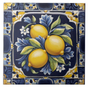 Lemons Mediterranean Dark Blue Italian Folk Art Ceramic Tile