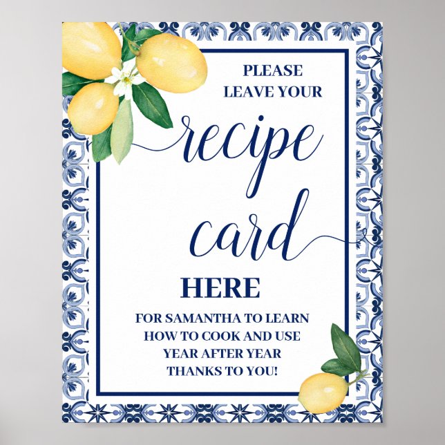 Lemons Mediterranean Leave Recipe Card Shower sign (Front)