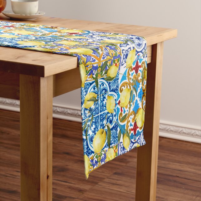 Lemons,Mediterranean,majolica,Italian tiles,summer Short Table Runner (In Situ)