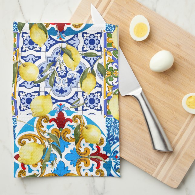 Lemons,Mediterranean,majolica,Italian tiles,summer Tea Towel (Quarter Fold)