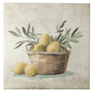 Lemons Mediterranean Olive Leaves Rustic Ceramic Tile