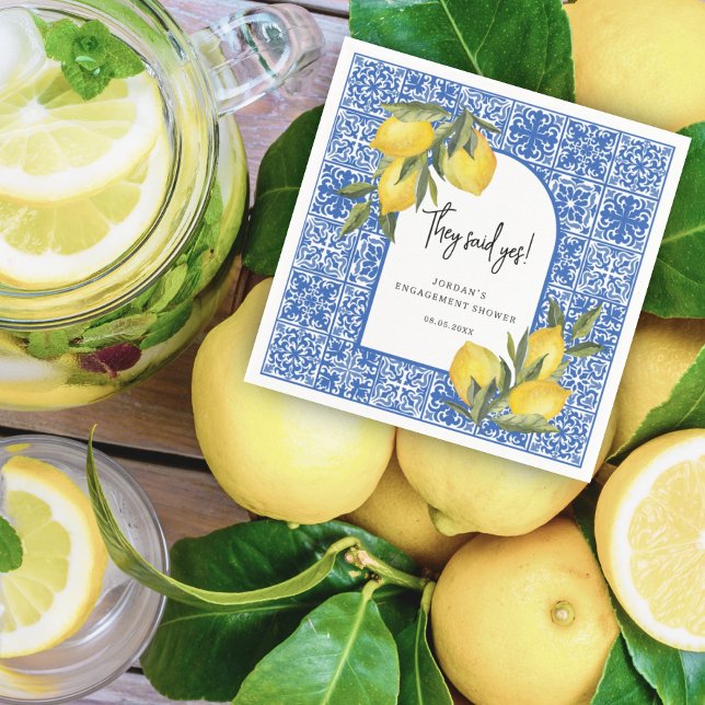 Lemons & Mediterranean Tile They Said Yes Shower Napkin (Creator Uploaded)