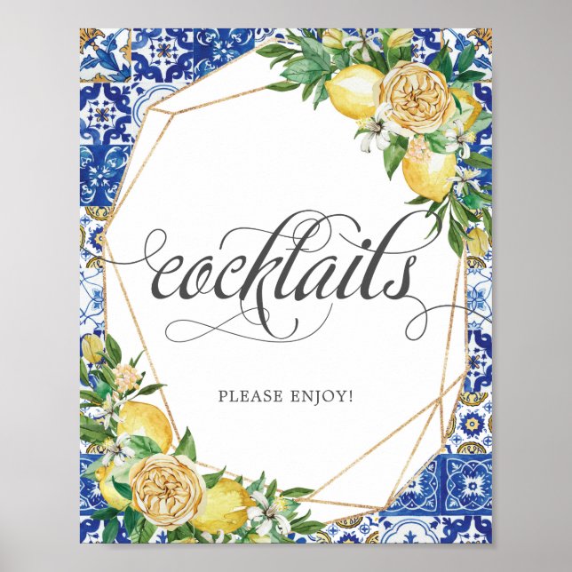 Lemons Meditteranan Mosaic Tiles Wedding Cocktails Poster (Front)