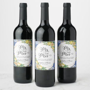 Lemons Meditteranean Blue Mosaic Tiles Wedding Wine Label
