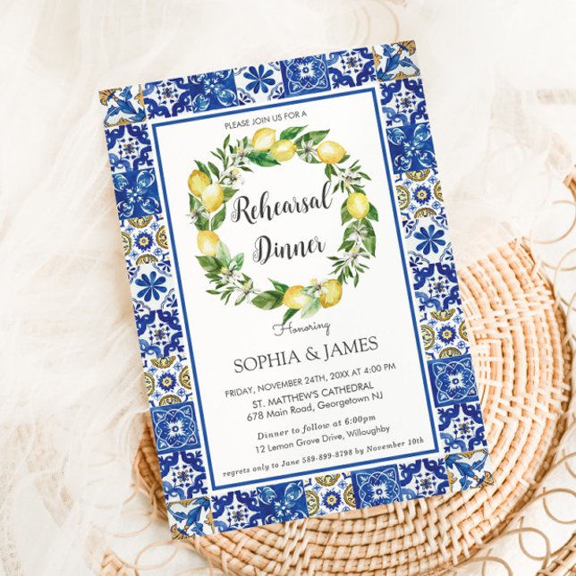 Lemons Mosaic Tiles Mediterranean Rehearsal Dinner Invitation (Creator Uploaded)
