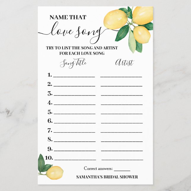 Lemons Name that Love Song Bridal Shower Game Card (Front)