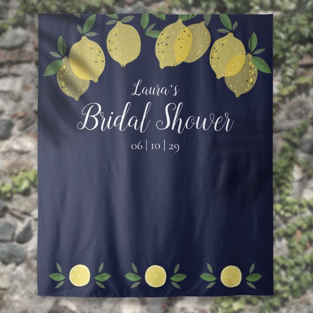 Lemons Navy Blue Bridal Shower Photo Backdrop Tapestry (Lemons Navy Blue Bridal Shower Photo Backdrop)