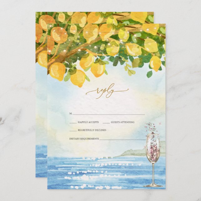 Lemons Ocean Champagne Glass Wedding RSVP   Invitation (Front/Back)
