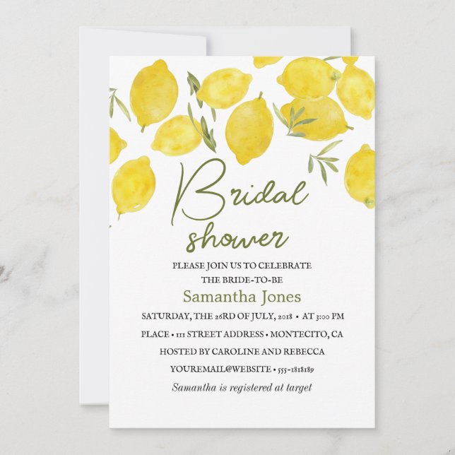 Lemons Olive branch Yellow Rustic Bridal Shower  Invitation (Front)