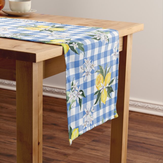 Lemons on Blue Gingham Summer Centerpiece Short Table Runner (In Situ)