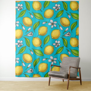 Lemons on blue tapestry