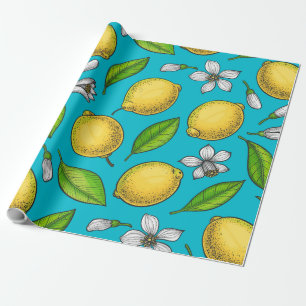 Lemons on blue wrapping paper