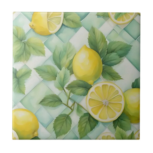 Lemons on Mint Ceramic Tile (Front)