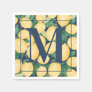 Lemons on Navy Blue Monogram Napkin