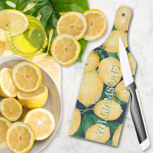 Lemons on Navy Blue Personalised Glass Cutting Board