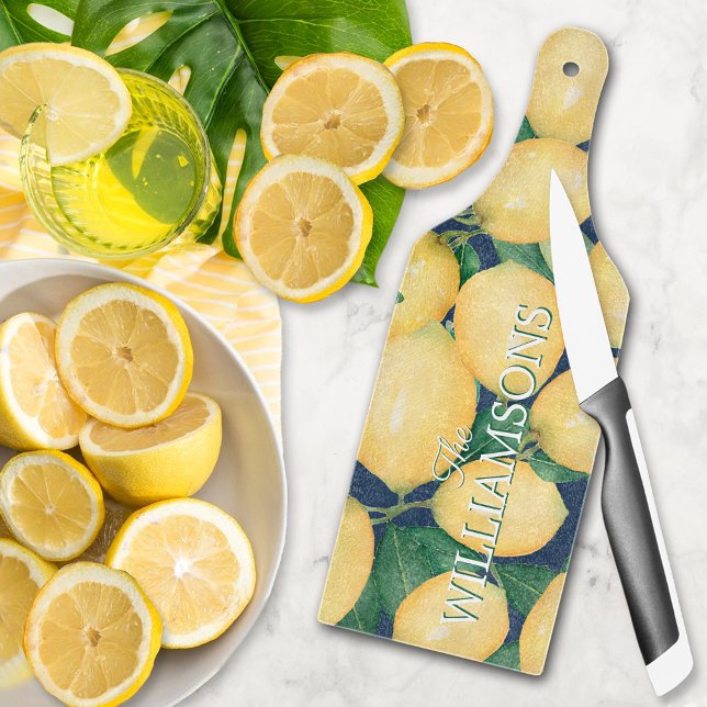 Lemons on Navy Blue Personalised Glass Cutting Board (Lemons on Navy Blue Personalized Glass Cutting Board)