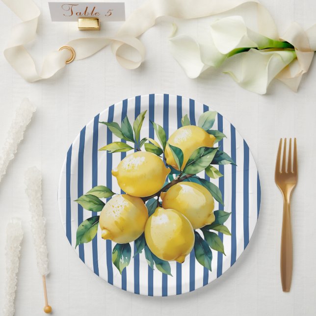  Lemons on Vertical Stripes Paper Plate (Wedding)