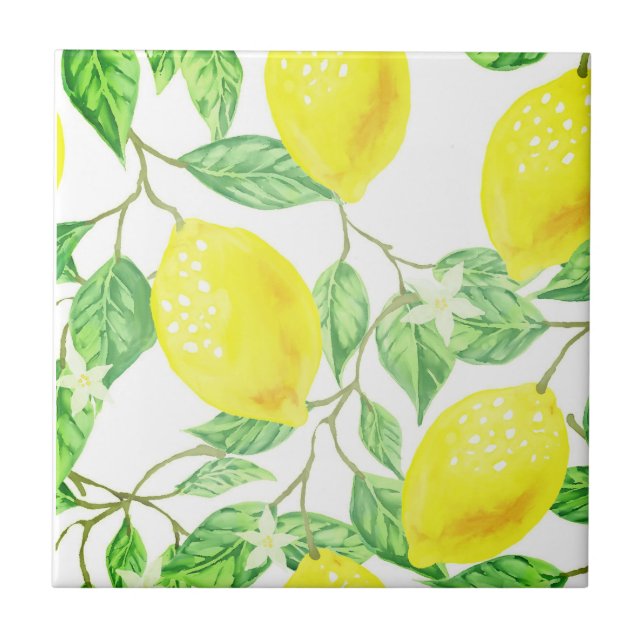 Lemons on Vine Design Citrus Theme Ceramic Tile (Front)