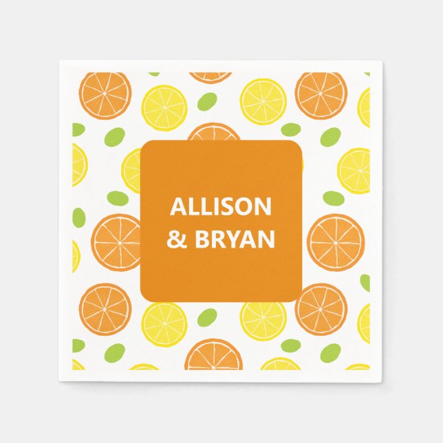 Lemons & Oranges Fruit Personalised Wedding Shower Napkin (Front)