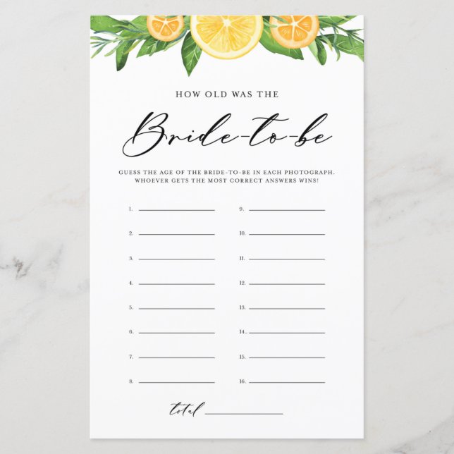 Lemons & Oranges How Old was the Bride Photo Game (Front)