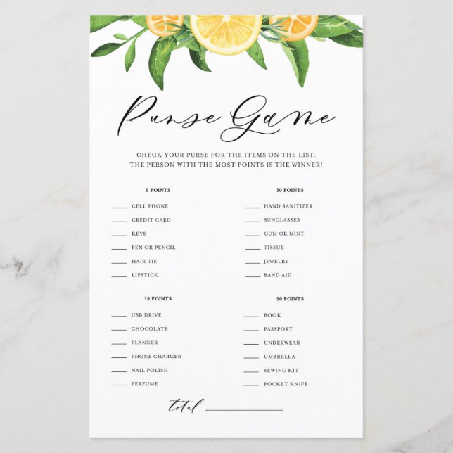 Lemons & Oranges What's in Your Purse Shower Game (Front)