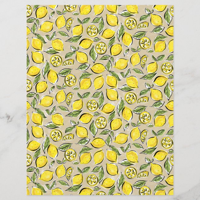 Lemons Pattern Yellow Black Tan Paper Sheet (Back)