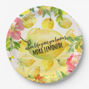 Lemons Pink floral ombre watercolor inspirational Paper Plate