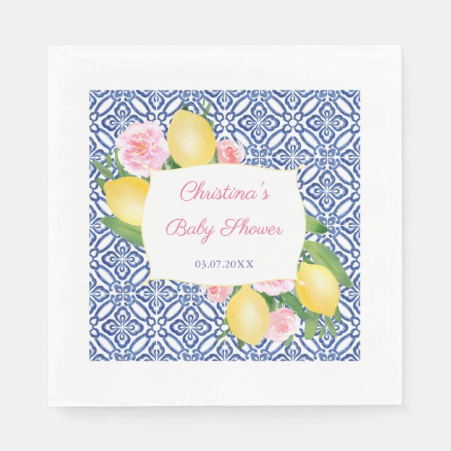 Lemons Pink Flowers Blue Tiles Baby Shower Party Napkin (Front)