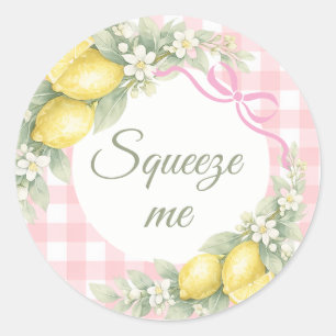 Lemons pink gingham squeeze me party favor classic round sticker