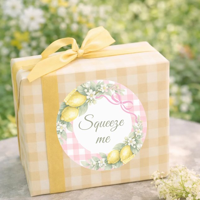 Lemons pink gingham squeeze me party favour classic round sticker (Creator Uploaded)