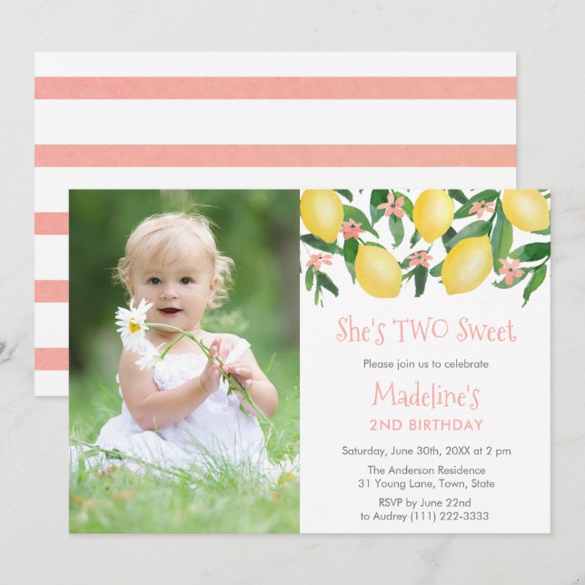 Lemons Pink TWO Sweet Girl Birthday Party Picture  Invitation (Front/Back)