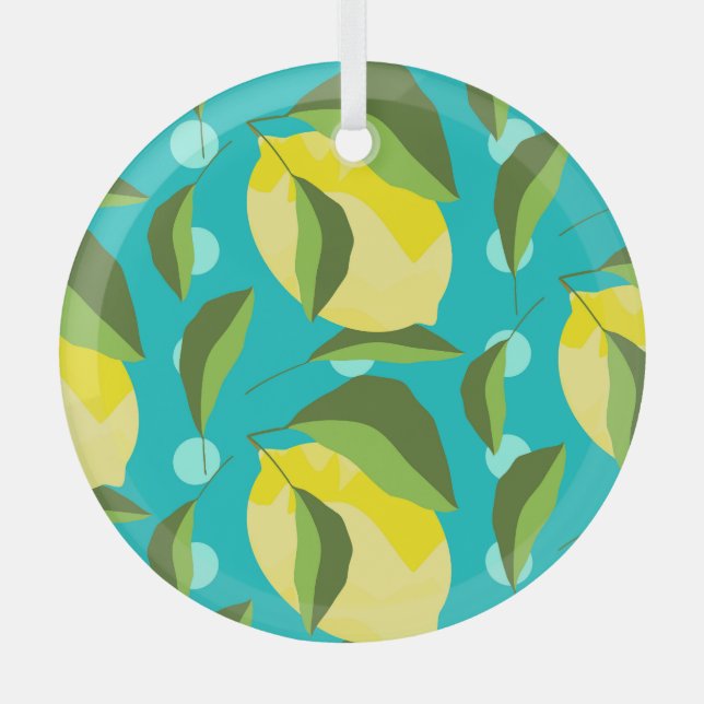 Lemons Polka Dot: Blue Background. Glass Tree Decoration (Front)