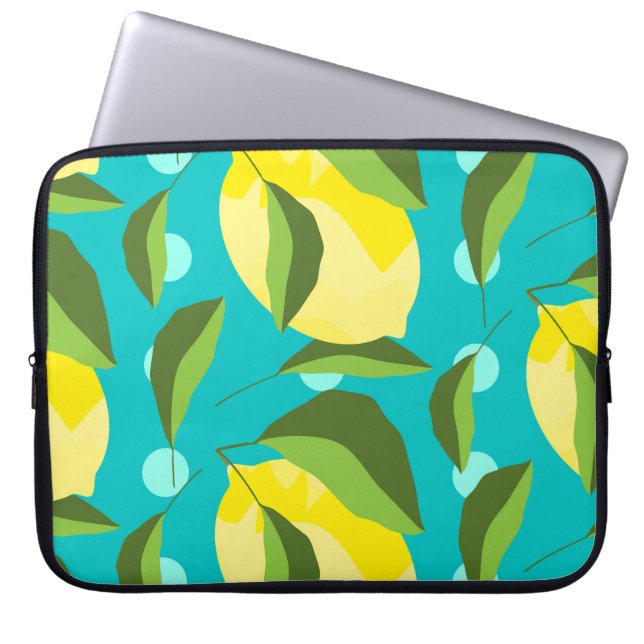 Lemons Polka Dot: Blue Background. Laptop Sleeve (Front)