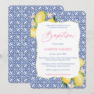 Lemons Positano Italian Tiles Girl Baptism Party Invitation