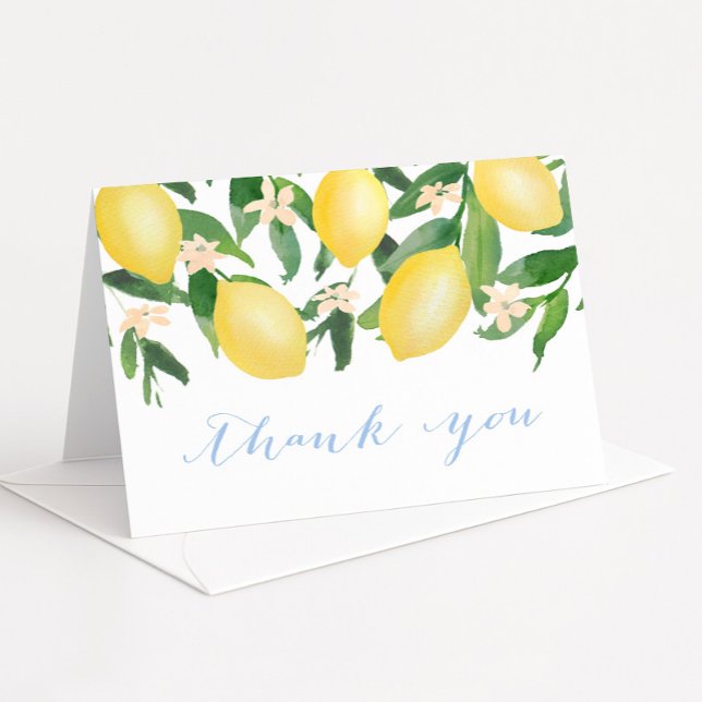 Lemons Powder Blue Citrus Baby Or Bridal Shower Thank You Card (Baby boy shower thank you card featuring watercolor lemons and blossoms and blue calligraphy font)