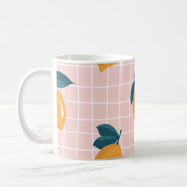 Lemons, retro geometry, summer seamless pattern. coffee mug (Left)