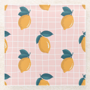 Lemons, retro geometry, summer seamless pattern. glass coaster