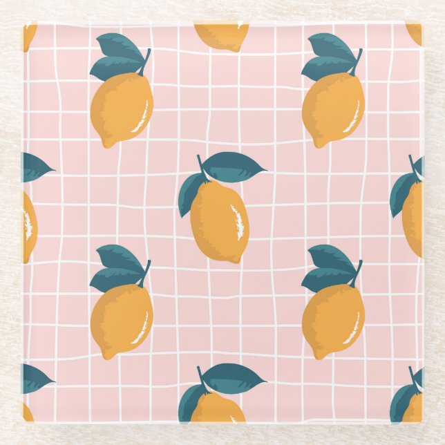 Lemons, retro geometry, summer seamless pattern. glass coaster (Front)
