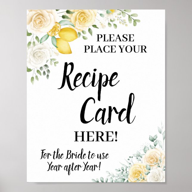 Lemons & Roses Place Recipe Card Bridal Shower  Poster (Front)