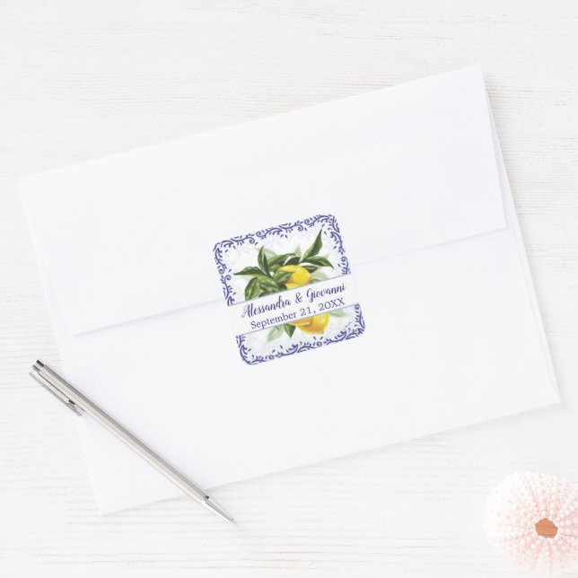 Lemons Royal Blue Toile Filigree Invitation Square Sticker (Envelope)