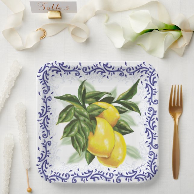 Lemons Royal Blue Toile Filigree  Paper Plate (Wedding)