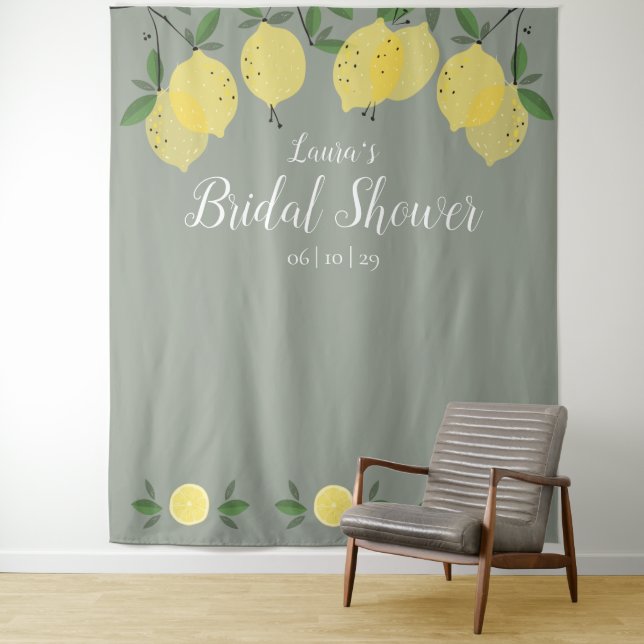 Lemons Sage Green Bridal Shower Photo Backdrop Tapestry (In Situ)