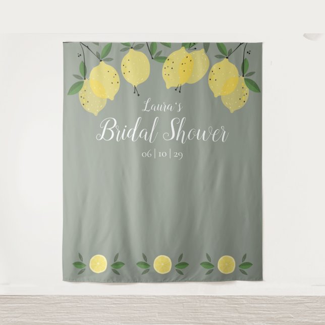 Lemons Sage Green Bridal Shower Photo Backdrop Tapestry (Front)